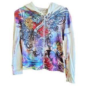 Vtg Cleo Women Hoodie Y2K All Over Print S-M Bedazzled Bling Butterfly Freedom